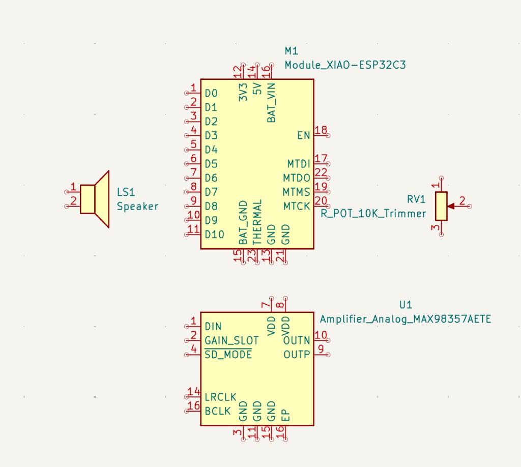 Unwired schematic symbols for a speaker, a XIAO ESP32-C3, a potentiometer, and an amplifier