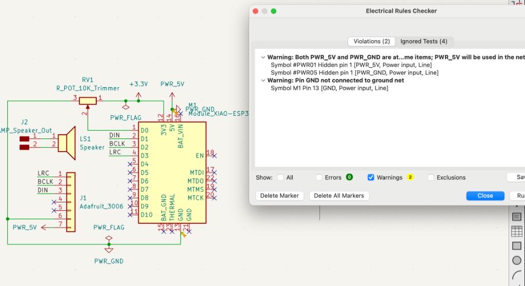 Wired schematic of the XIAO, speaker, potentiometer, and amplifier header