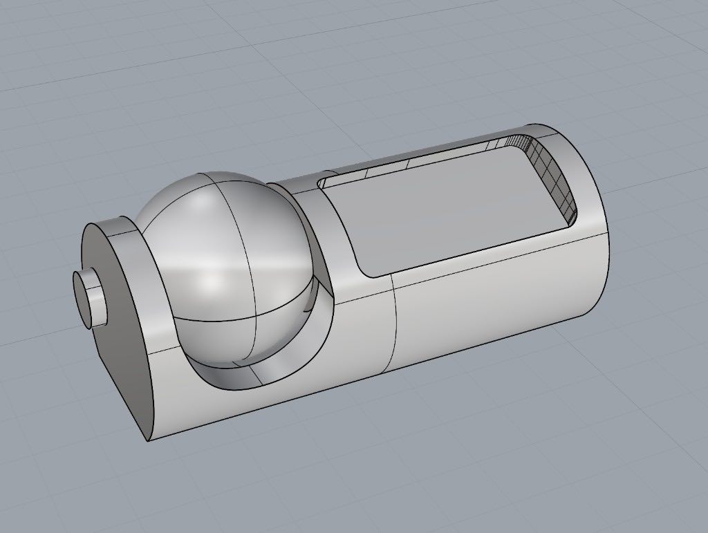 CAD model of a cylindrical device with a ball joint and a flat window