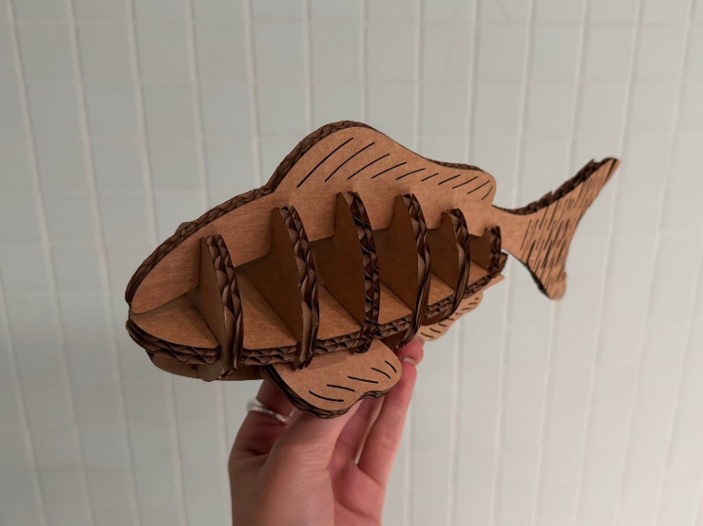 Hand holding a slotted cardboard fish assembled from laser-cut pieces