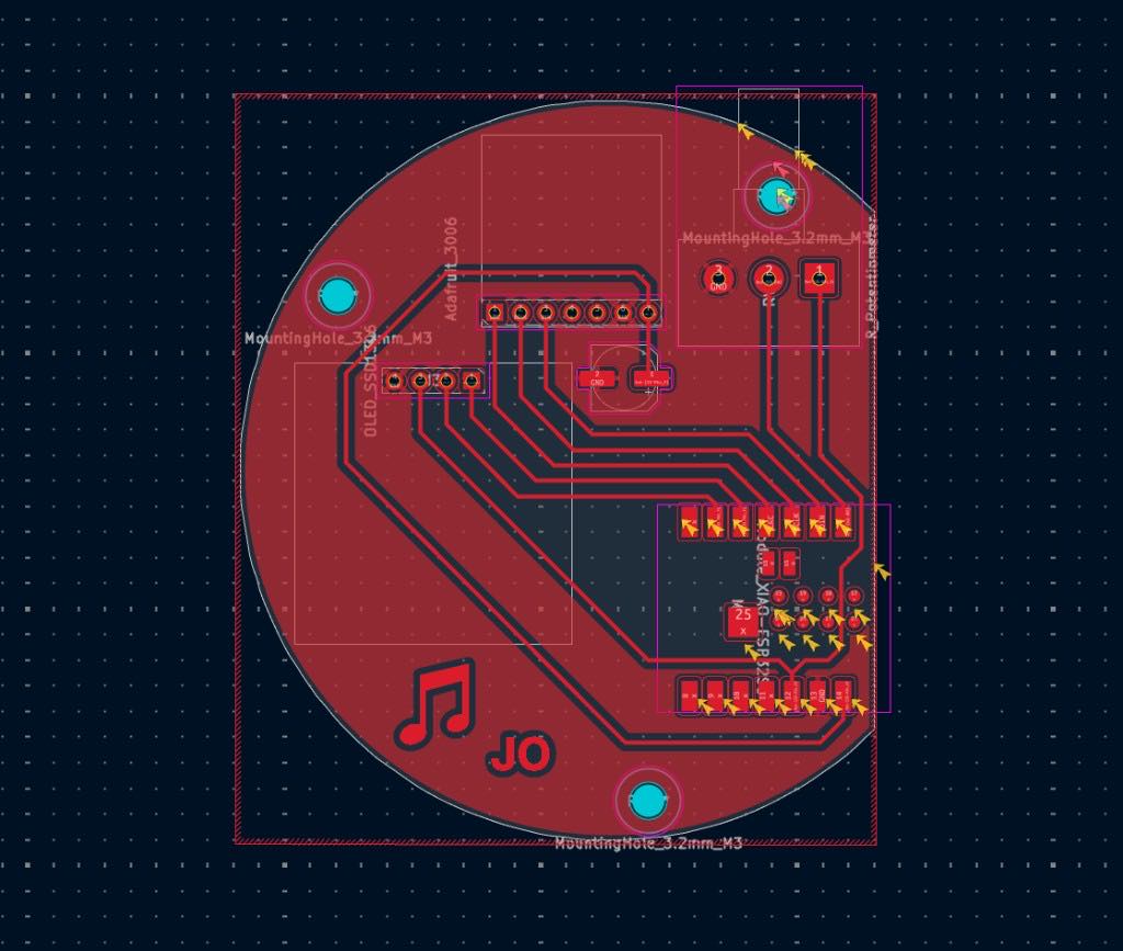 Final circular PCB layout with the XIAO module, OLED and amplifier headers, a potentiometer, mounting holes, a music note, and JO