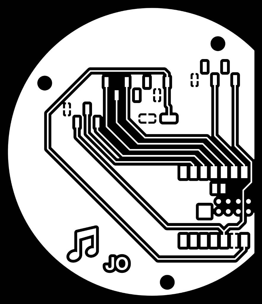 Black and white render of the circular board traces, pads, music note, and JO