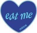 Navy heart sticker design with light blue 'eat me' and 'mince' text