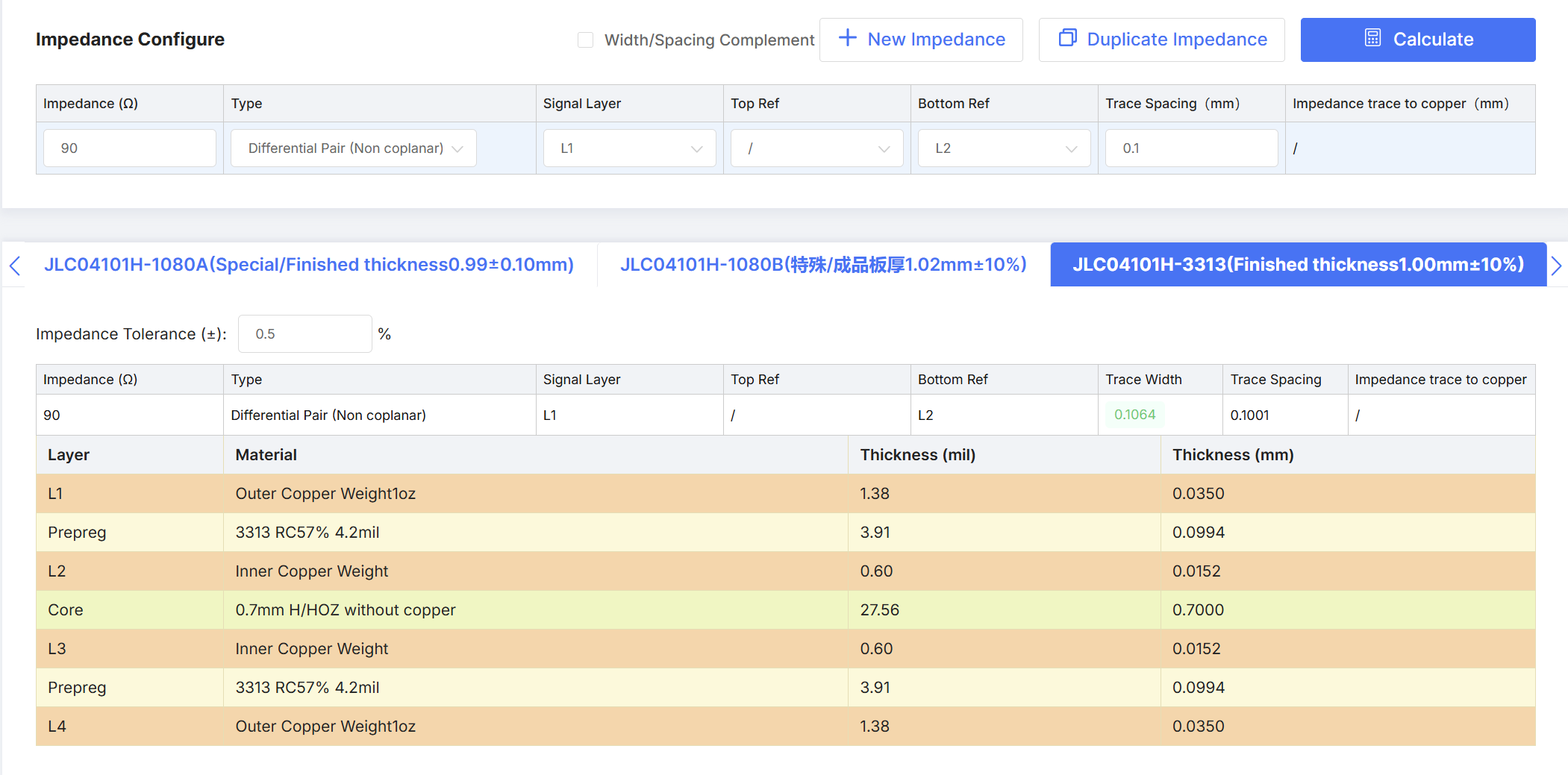 4-layer JLC PCB impedance calculation