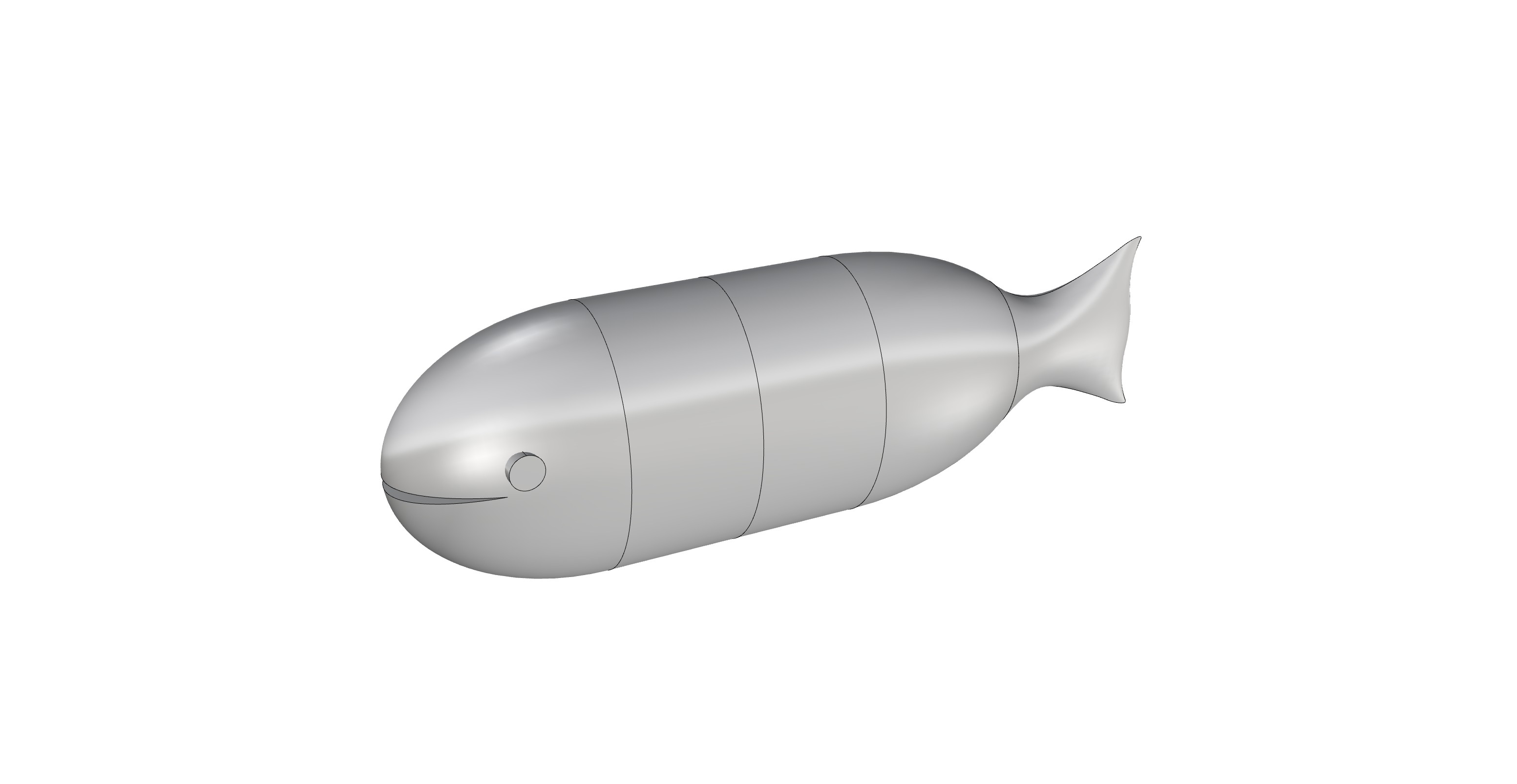The fish model divided into four parts: head, two body sections, and tail.