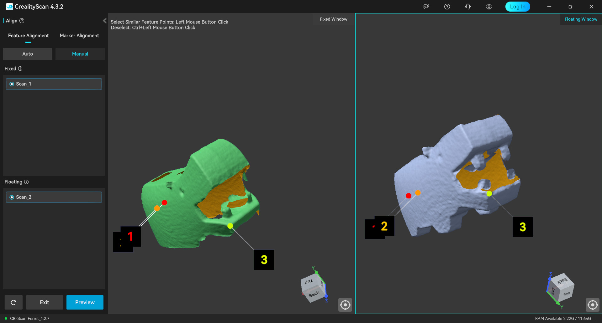 Aligning the scans of the two sides of the hippo.