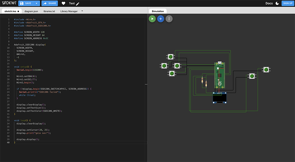 The QPAD circuit rebuilt in the Wokwi simulator: an RP2040, an OLED display and six push buttons.