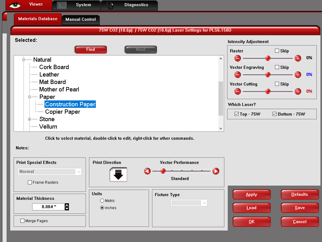 Material database in the Universal Control Panel.