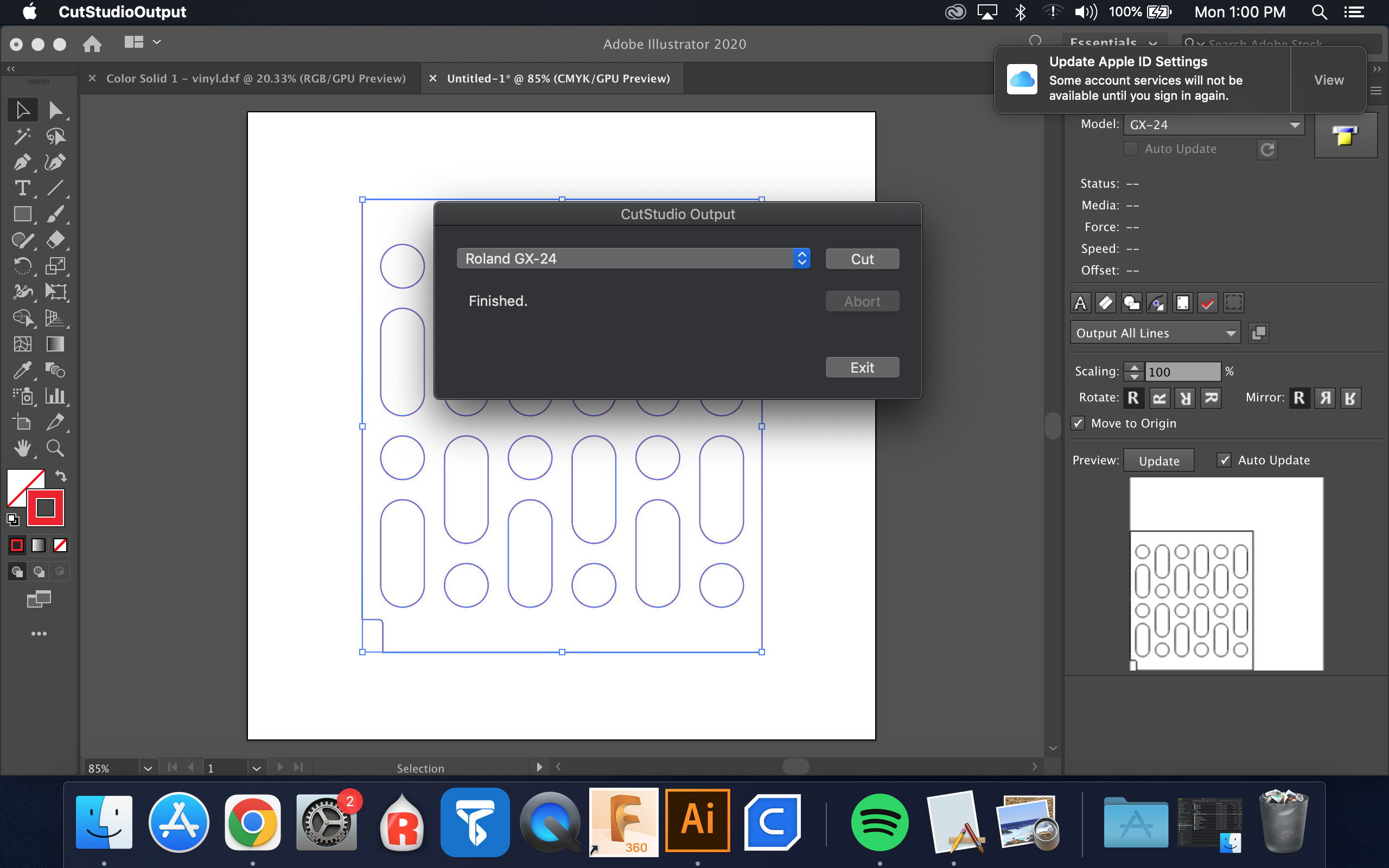 CutStudio Output settings in Illustrator: force 70 gf, speed 30 cm/s, offset 0.25 mm.