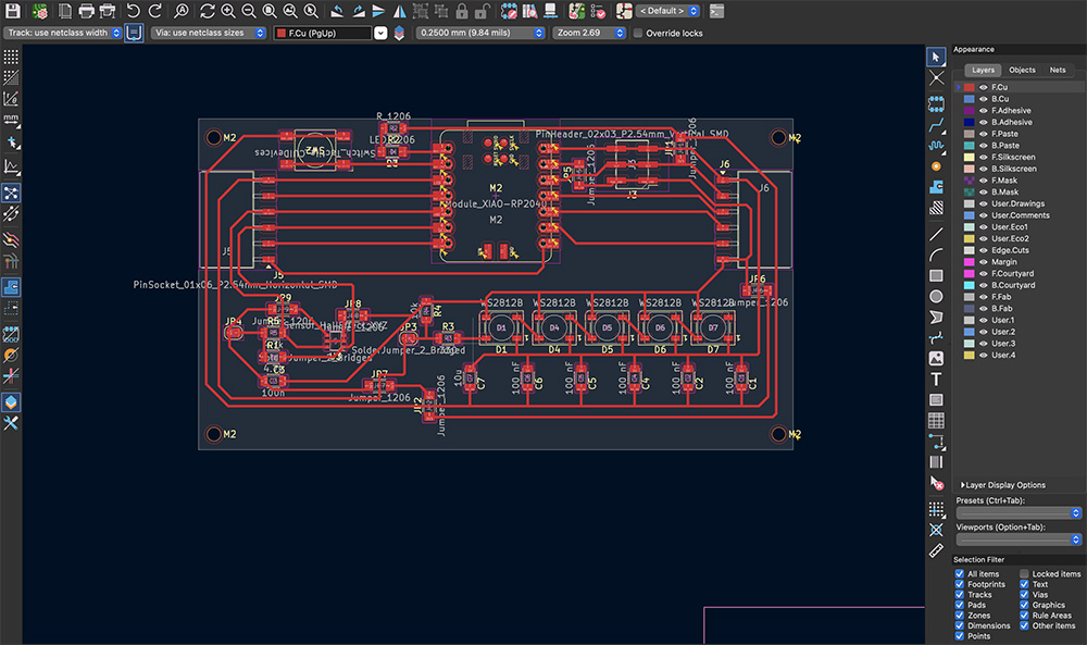 The updated PCB layout with the five LEDs in a row.