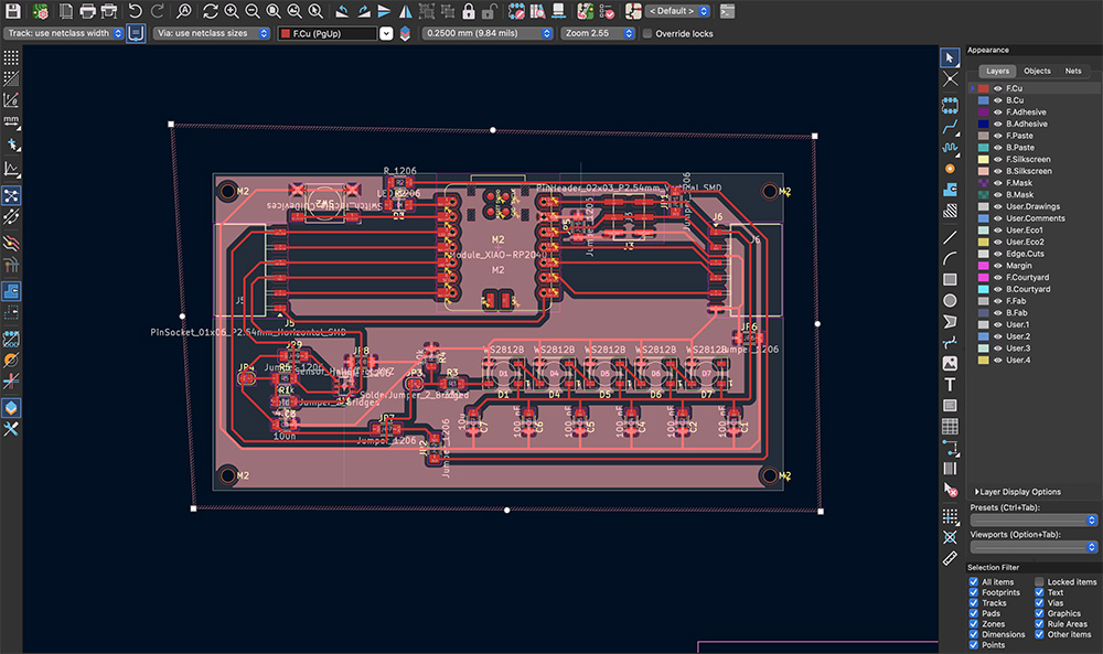 A PCB layout with a ground pour filling the empty space.