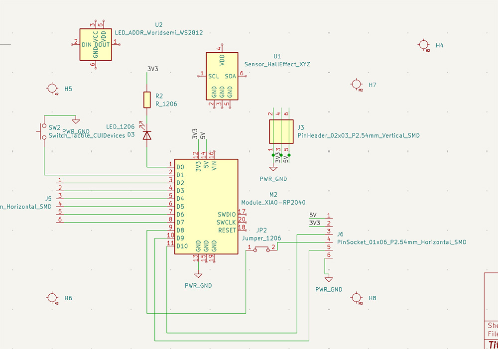 Schematic with the original button and LED plus the new addressable LED and hall effect sensor.