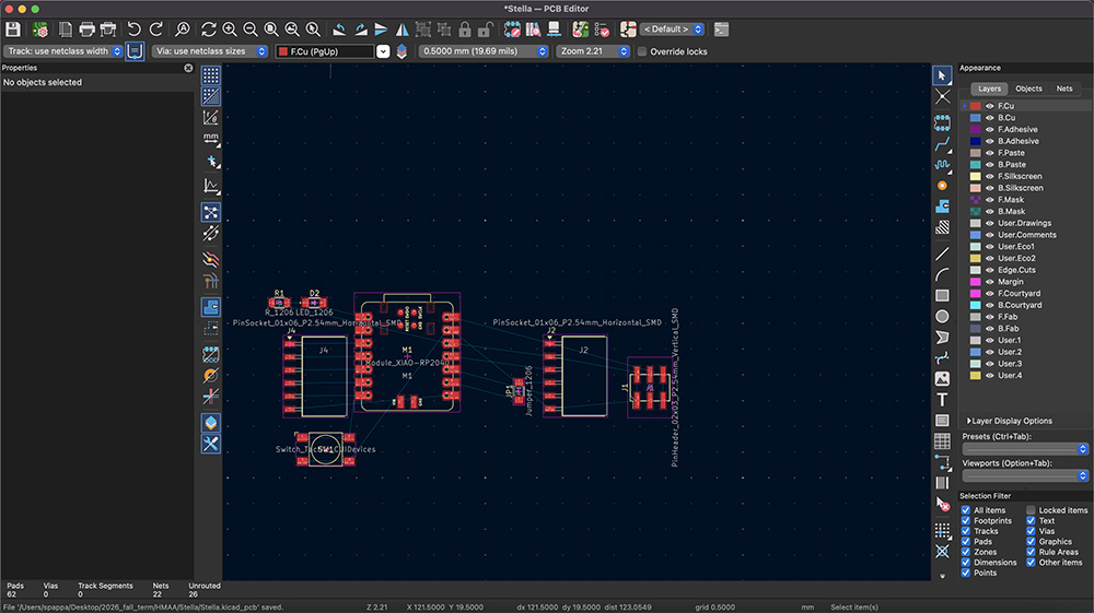 The button and LED board in the KiCad PCB editor.