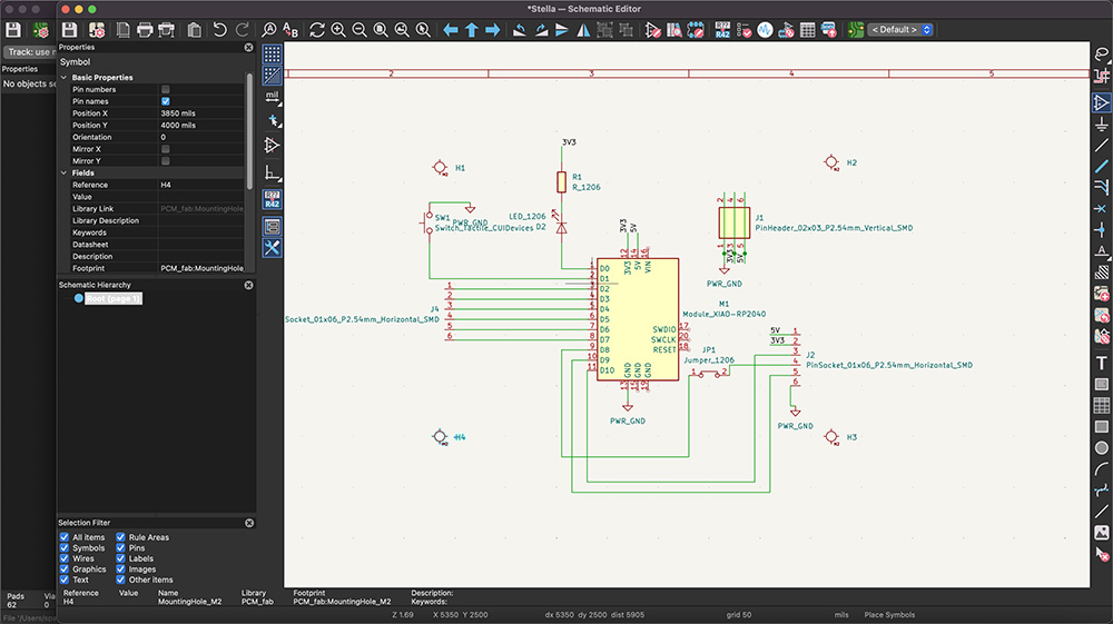 KiCad schematic of the button and LED board.