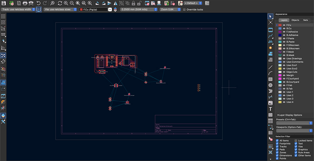 The board’s components in the KiCad PCB editor.