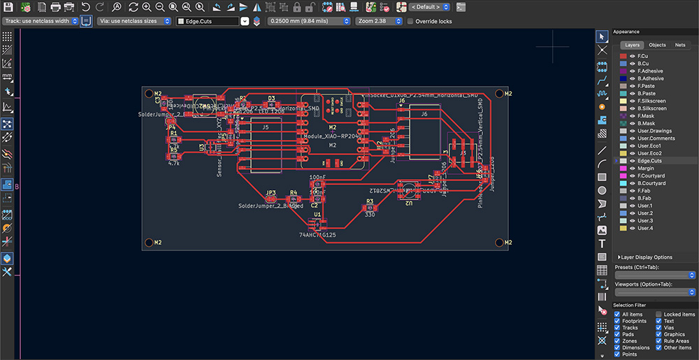 The PCB with J5 and J6 rotated to face off the edge of the board.