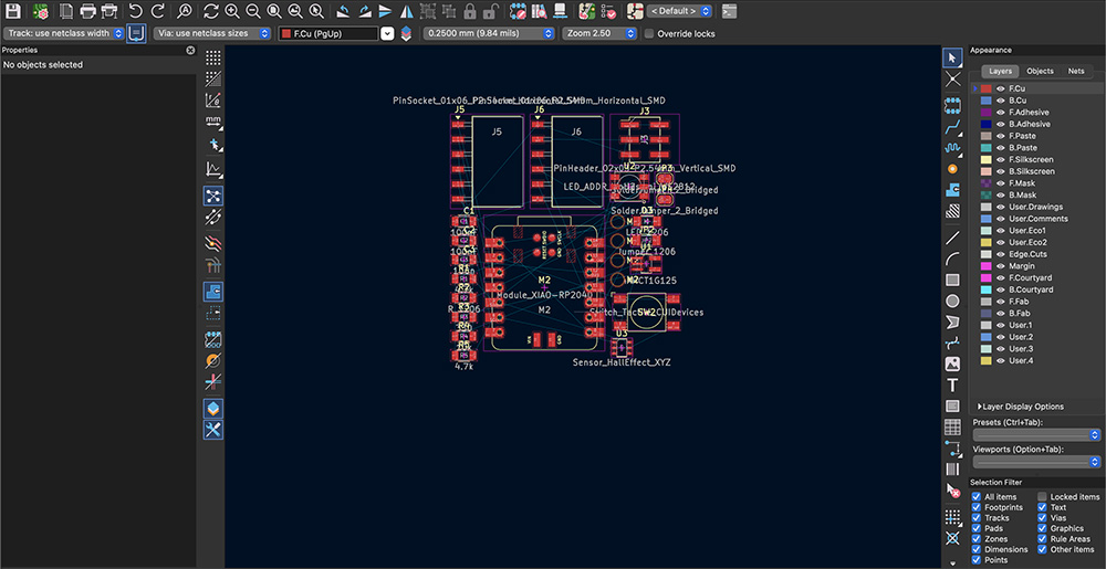 The new parts imported into the KiCad PCB editor.