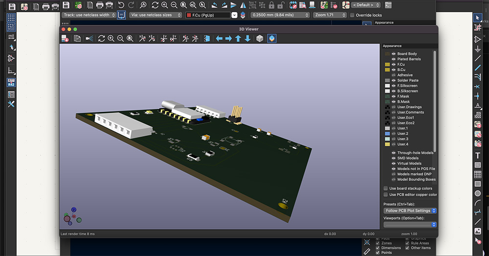 The board in the KiCad 3D viewer, second view.