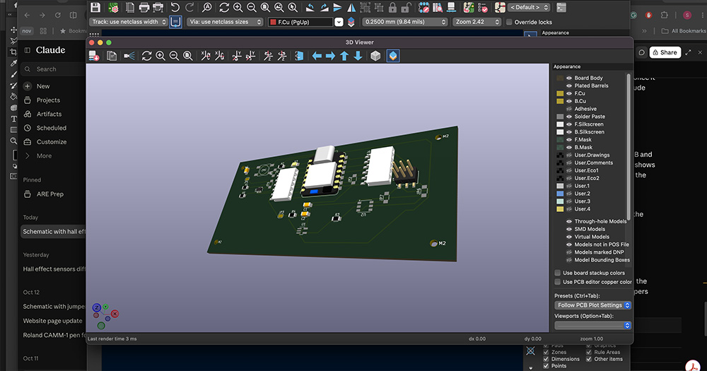 The board in the KiCad 3D viewer.