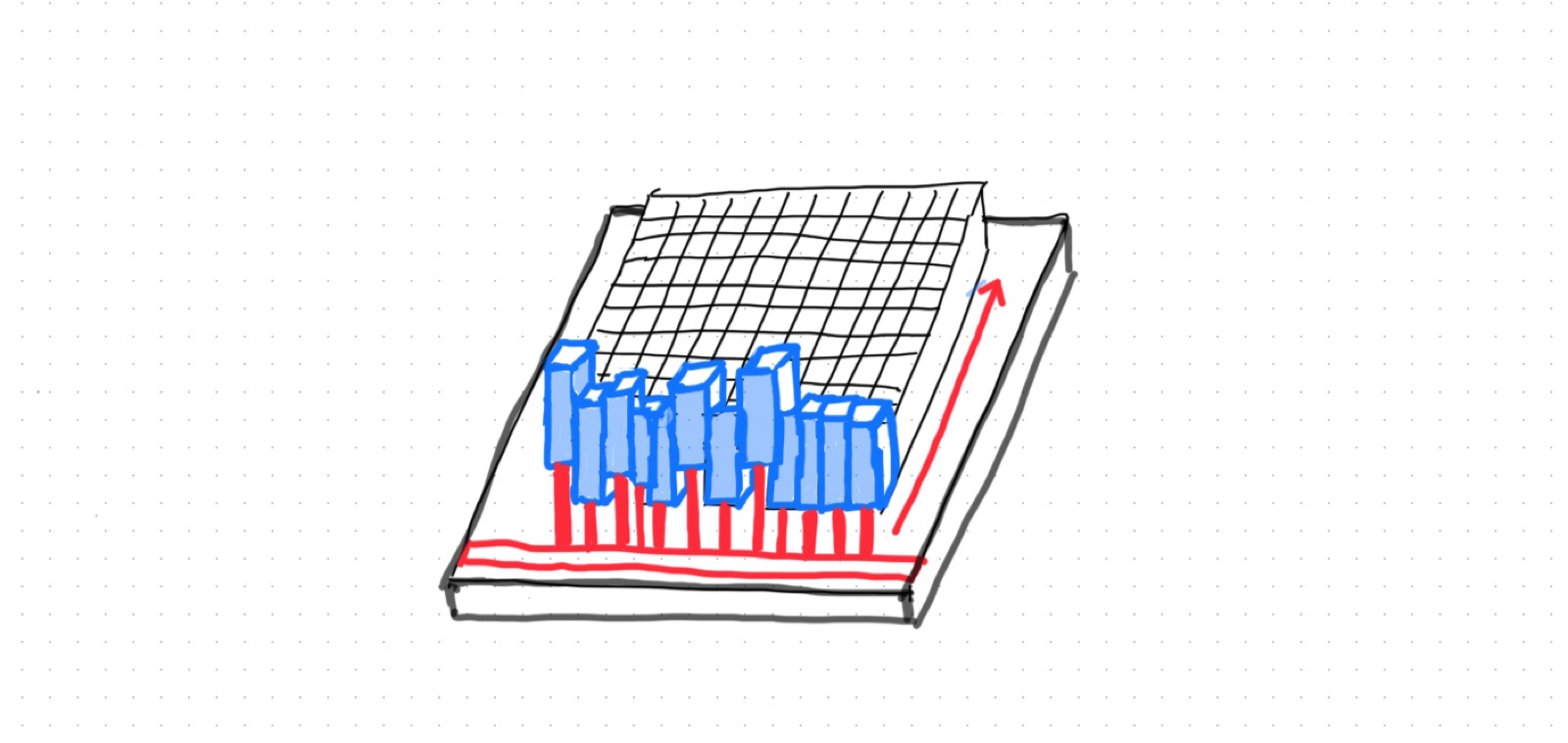 Hand-drawn sketch of a flat table with a grid of pins, some raised in blue, and a row of red actuators underneath with an arrow along the side