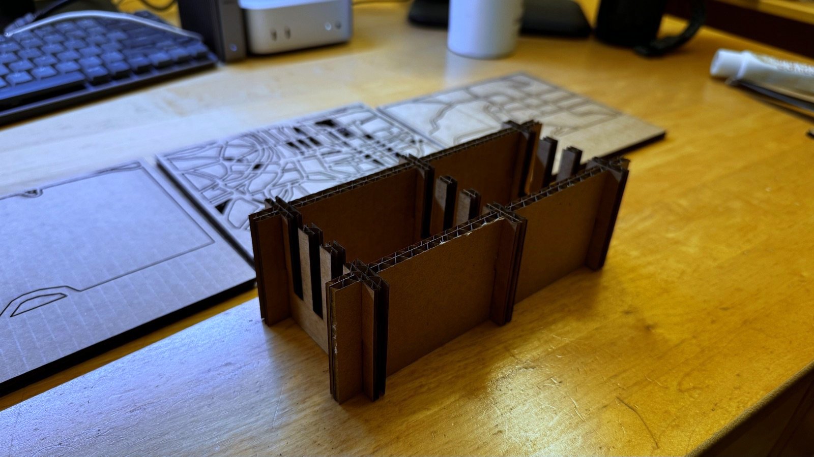 Assembled cardboard stand on a desk