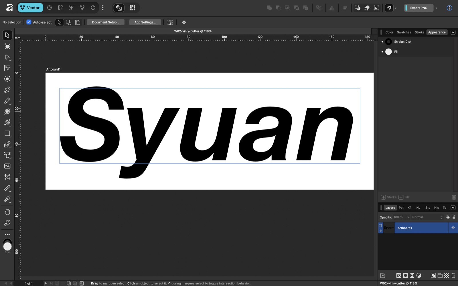Affinity Designer with the word Syuan set in black italic type on a white artboard