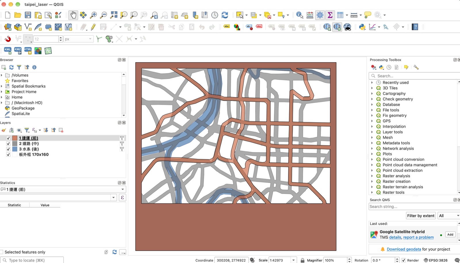 QGIS showing the three map layers overlaid: metro in orange, roads in grey, rivers in blue, inside the plate frame