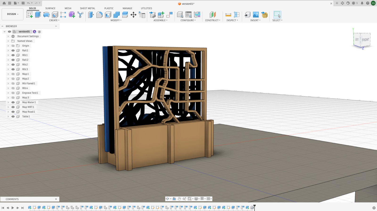 Fusion 360 showing the assembled stand with the three map plates in the browser tree
