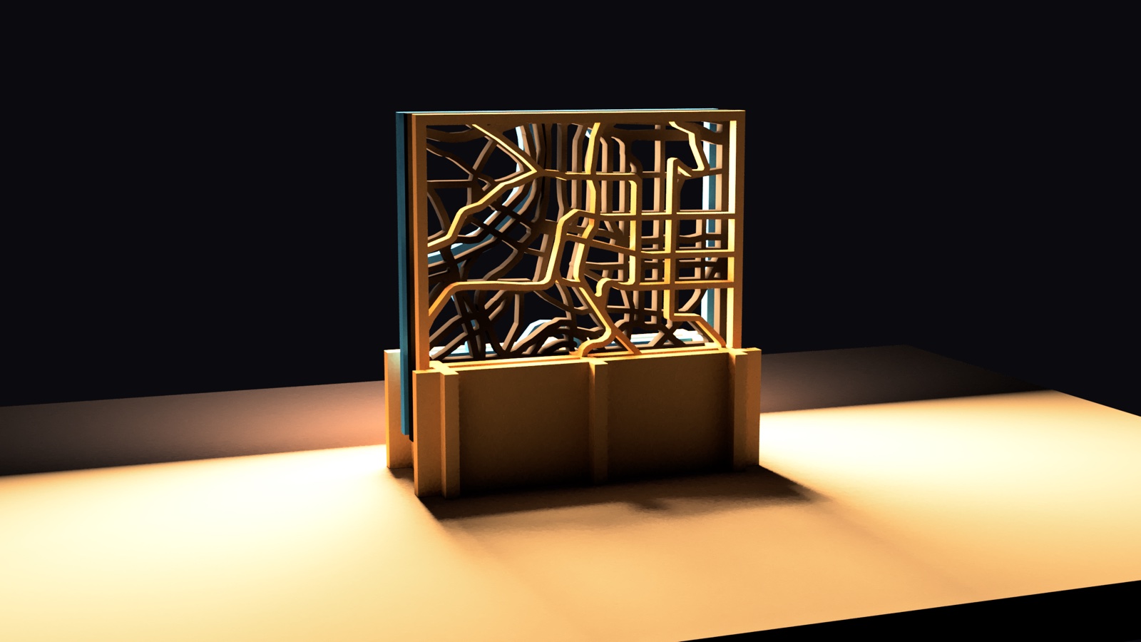 Fusion render of the stand lit from one side, the street network throwing shadows across the table