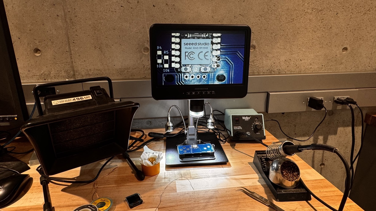 Soldering station with a digital microscope, iron and hot air gun