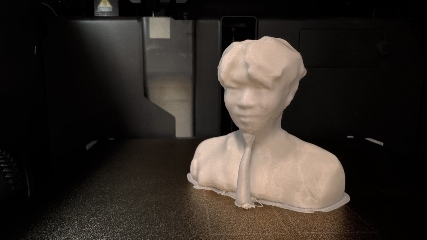 The printed white bust on the plate with a support column under the chin