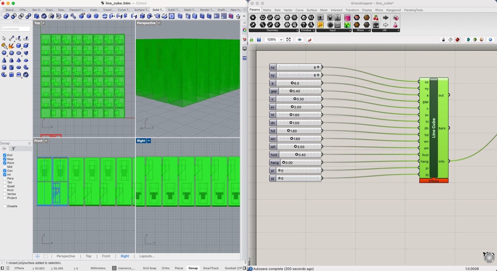 Rhino with an 8 by 8 grid of green bars next to the Grasshopper canvas with one slider per parameter feeding the Line Cube component