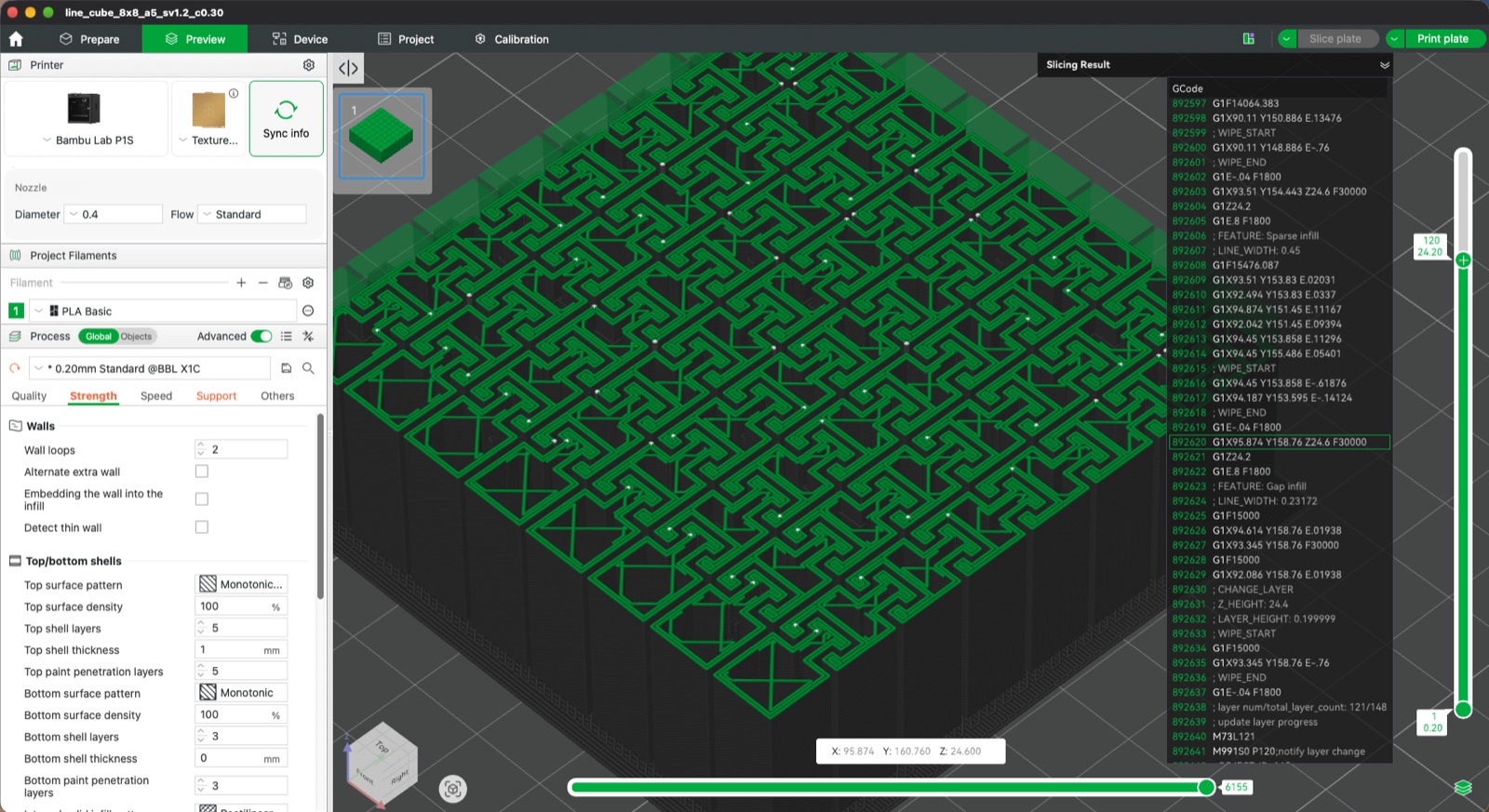 Bambu Studio preview of the 8 by 8 Line Cube, looking down at one layer with the walls of every bar and its pocket drawn as separate loops