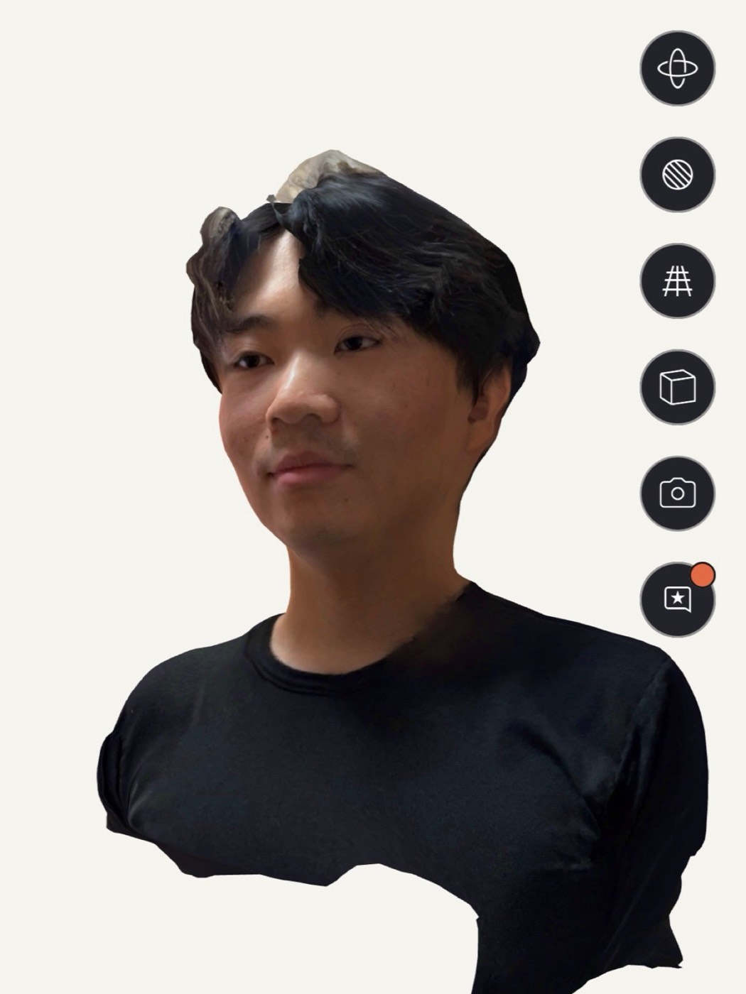 Polycam's 3D model of my head and shoulders from the front, with textured hair and a black shirt