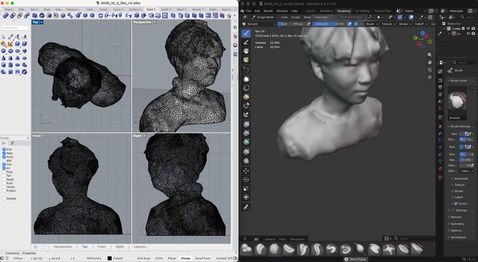 Rhino on the left showing the bust mesh in four wireframe views, Blender on the right in Sculpt mode with the Smooth brush on the bust