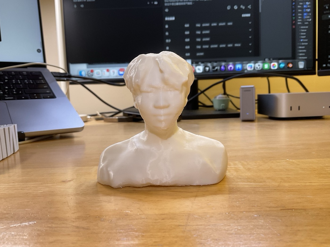 The finished white 3D-printed bust of my head and shoulders standing on a wooden desk