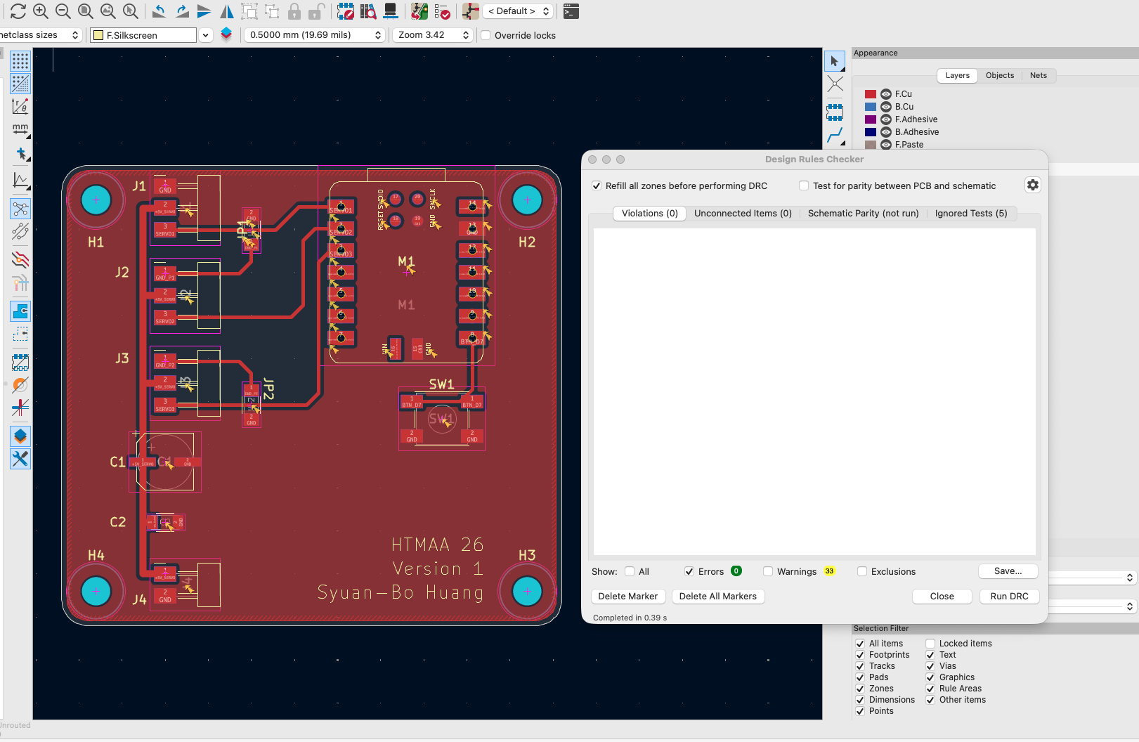 Version 1 of the PCB layout in KiCad with four corner mounting holes, the XIAO on the right, three servo headers on the left, and the Design Rules Checker showing 0 violations