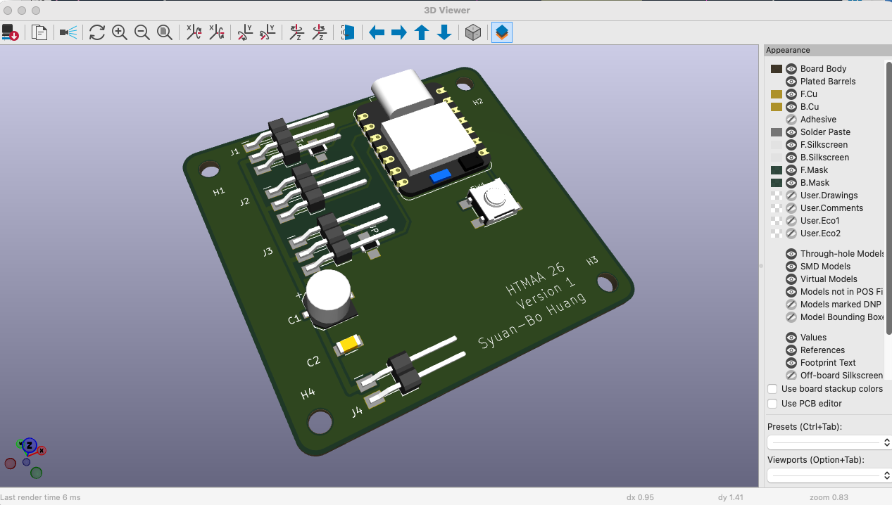 KiCad 3D viewer of the board with 3D models: the three servo headers J1 to J3 with long horizontal pins pointing to the right across the board, the XIAO and the button on the right, and the two 0 ohm jumpers under the pins of J1 and J3