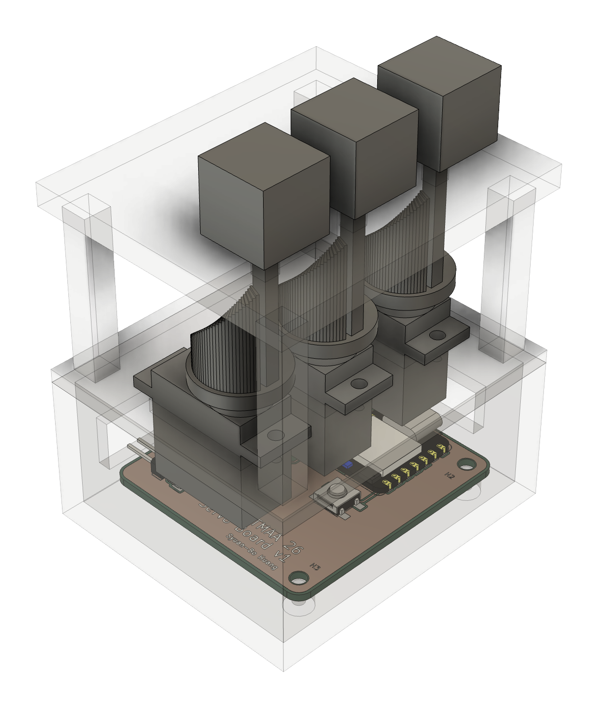 Fusion model in X-ray view from an angle: a transparent box with the board at the bottom, three servos on a deck, three stepped cams, and three square pins with cubes on top rising through a transparent platform
