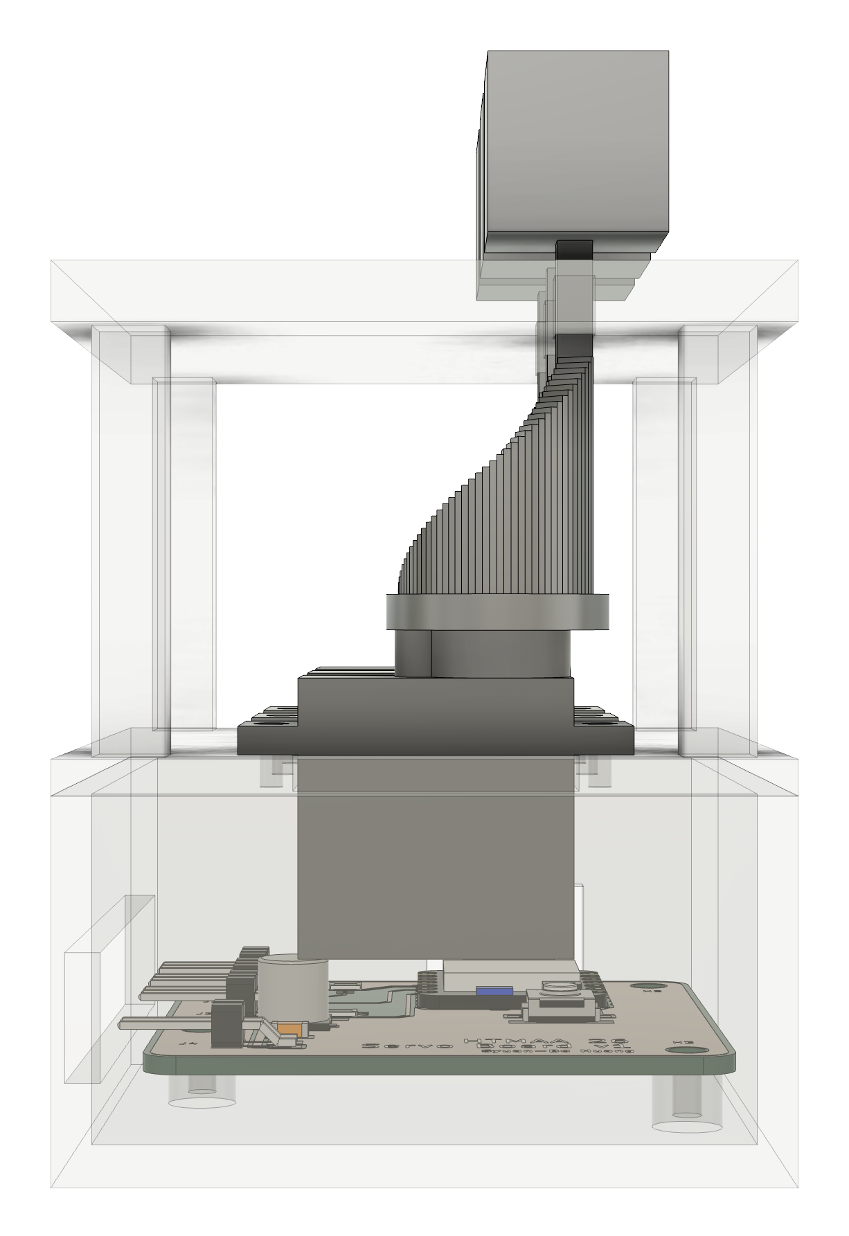 Front view of the Fusion model in X-ray view: the board at the bottom, a servo hanging through the deck, the stepped cam on its shaft, and a pin with a cube rising above the platform