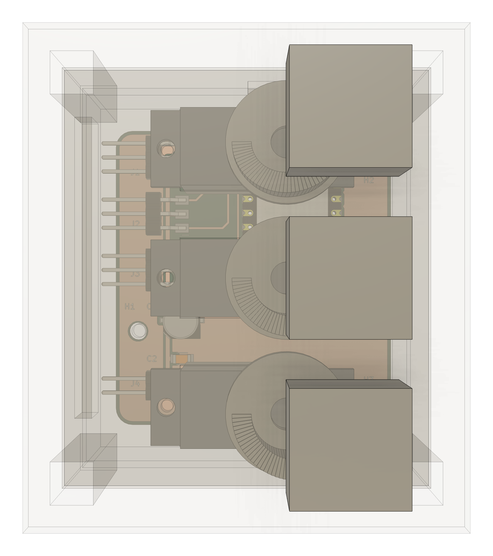 Top view of the Fusion model in X-ray view: three cubes in a column over three servos with round stepped cams, and the board with its header pins on the left