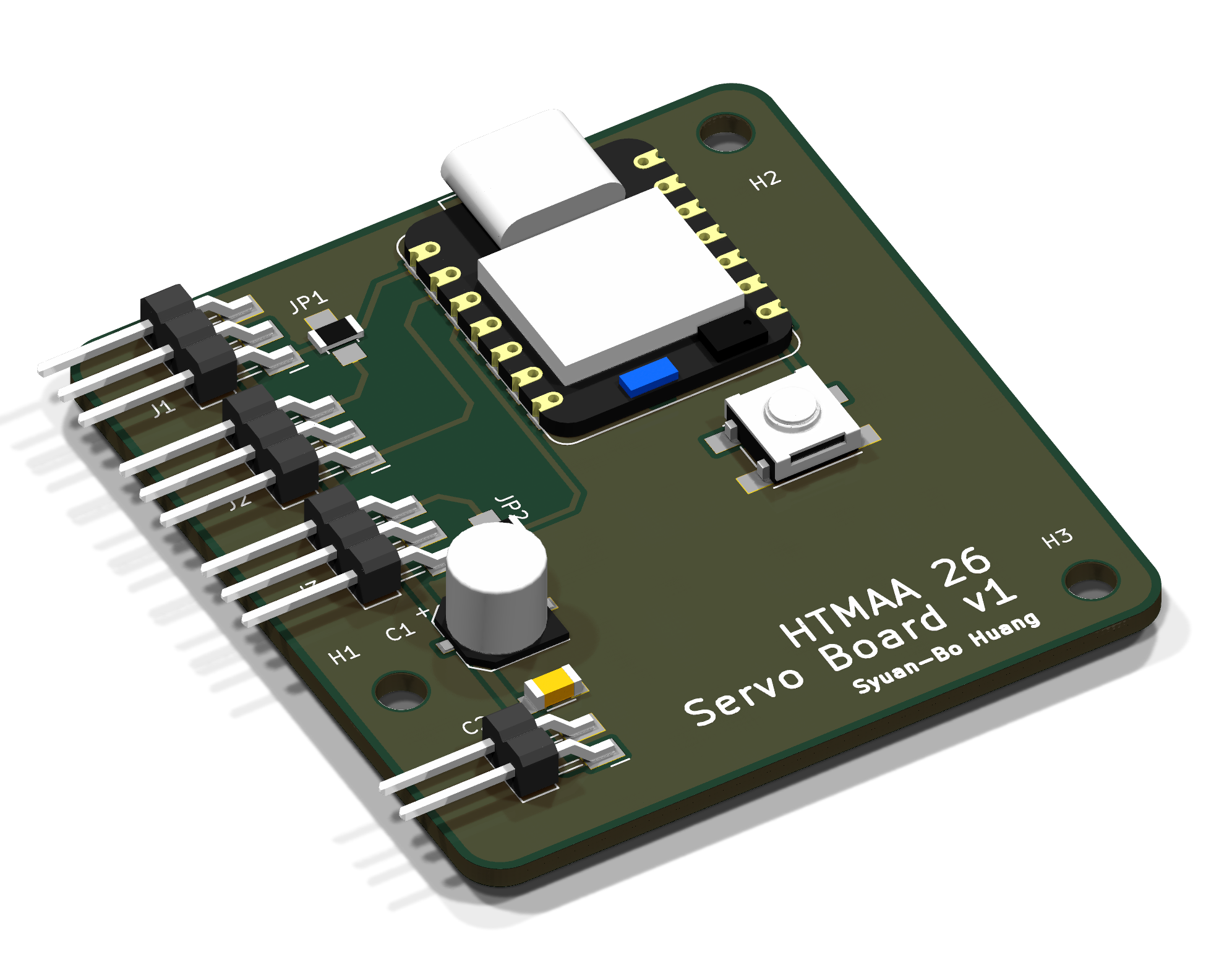 KiCad 3D render of the final board at an angle: the servo headers on the left have long horizontal pins that point out over the left edge of the board, with the XIAO, the button and the capacitors on the board