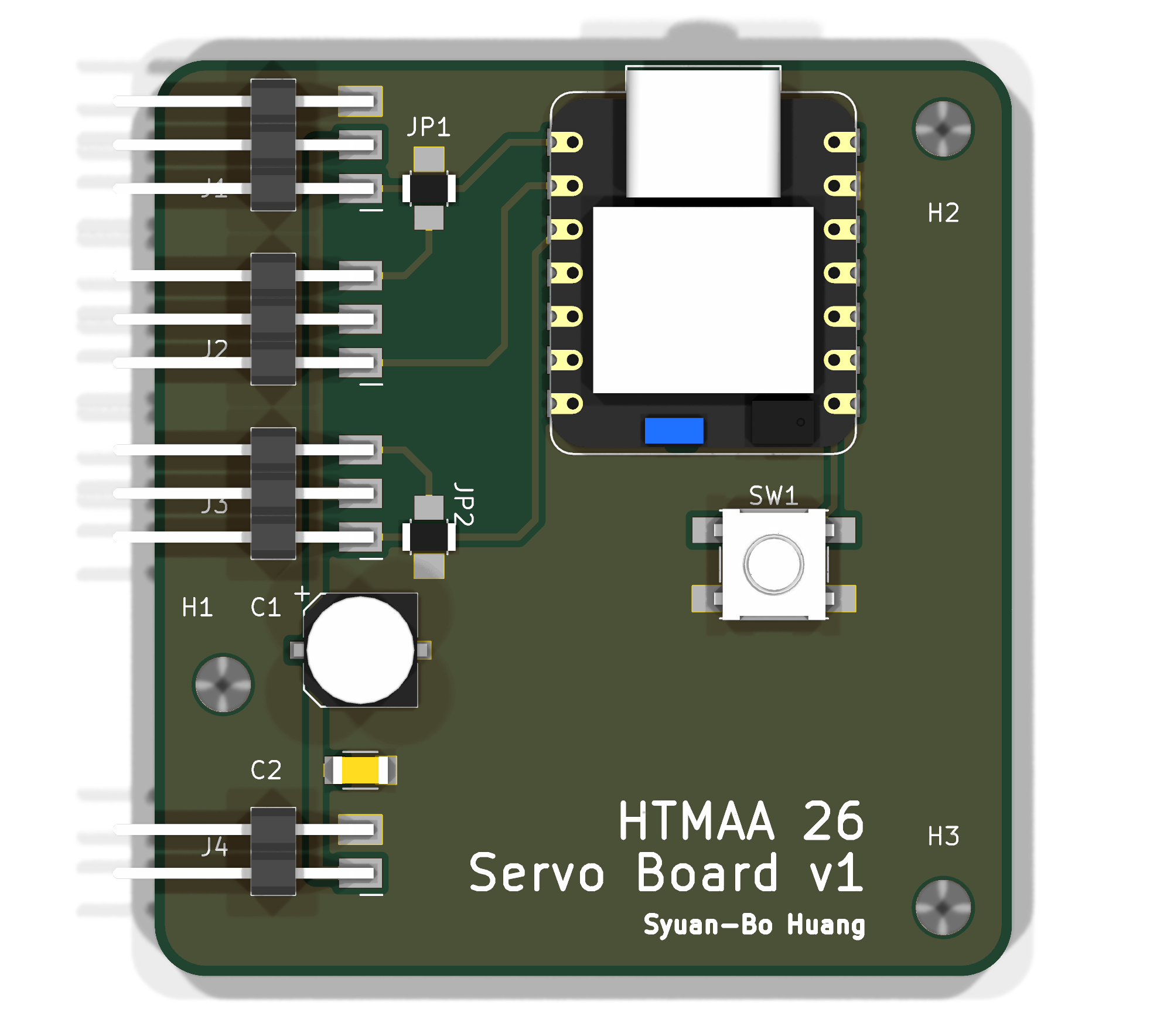 KiCad 3D render of the week 05 servo board seen from above: three servo headers on the left with long pins pointing out over the board edge, the XIAO at the top right, the button, the jumpers, the capacitors, the power header and three mounting holes
