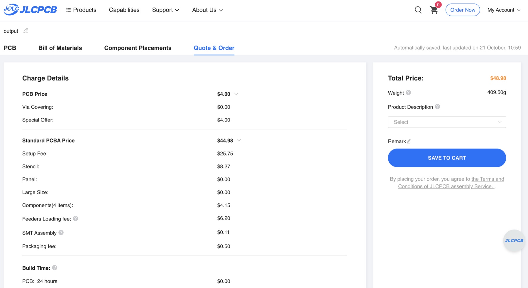 JLCPCB quote page with the charge details: PCB 4 dollars and Standard PCBA 44.98 dollars split into setup fee, stencil, components, feeders loading fee, SMT assembly and packaging fee