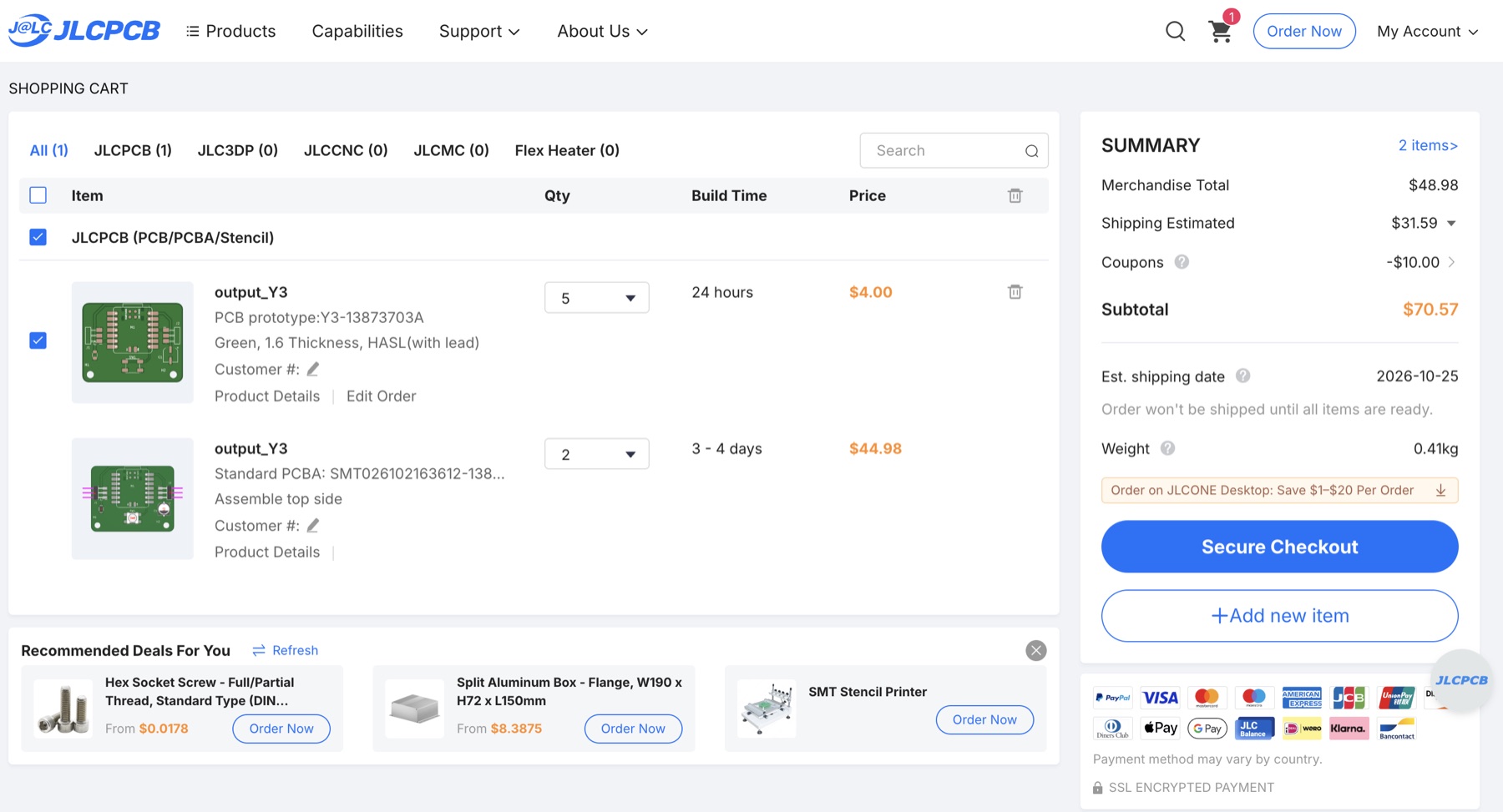 JLCPCB shopping cart with 5 PCBs and 2 standard PCBA, merchandise 48.98, shipping 31.59, coupon minus 10, subtotal 70.57 dollars