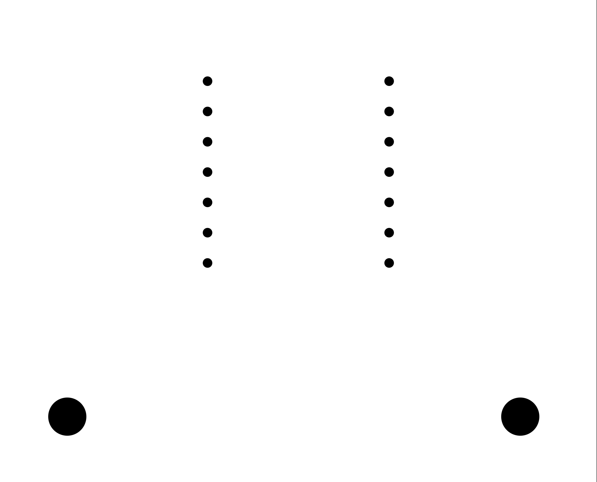 Black and white image of the drill holes of version 2: two columns of seven small holes and two large mounting holes