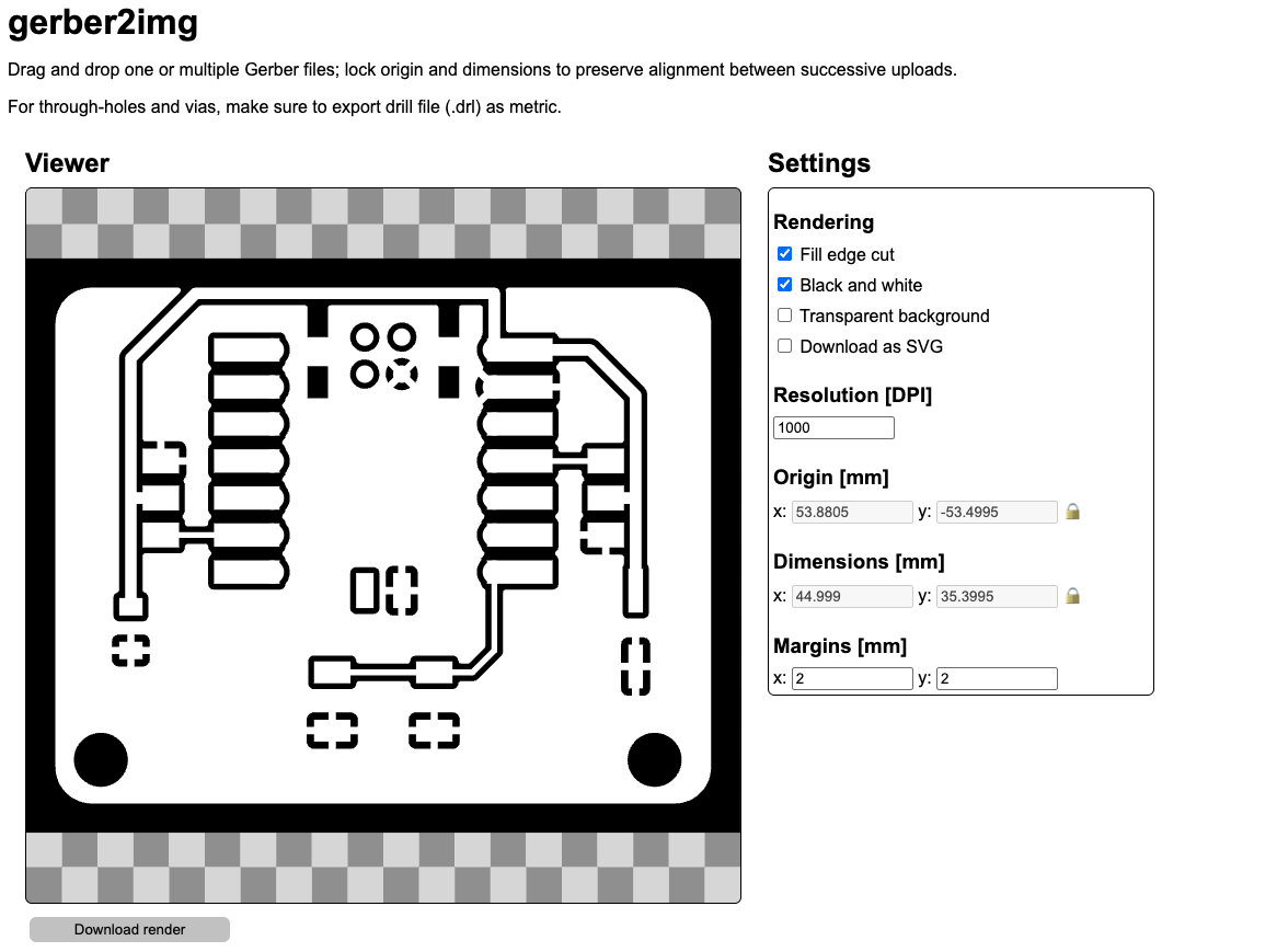 The gerber2img web page showing the black and white trace render of version 2, with the Origin and Dimensions fields grayed out and locked