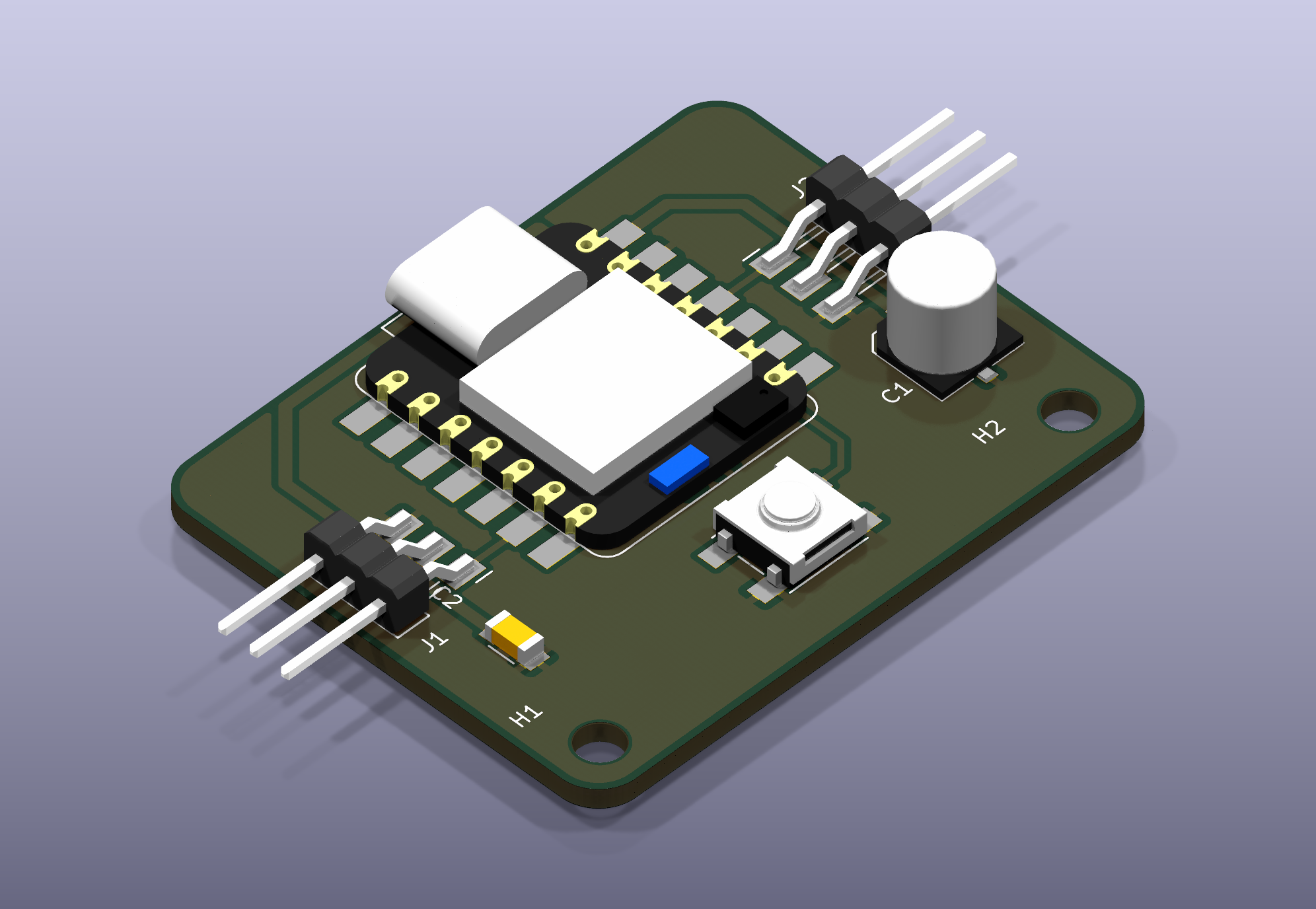 KiCad 3D render of version 2 at an angle: the XIAO in the middle, a three-pin servo header on each side with long pins, the 100 microfarad capacitor, a button and a small SMD capacitor on a dark green board with two mounting holes