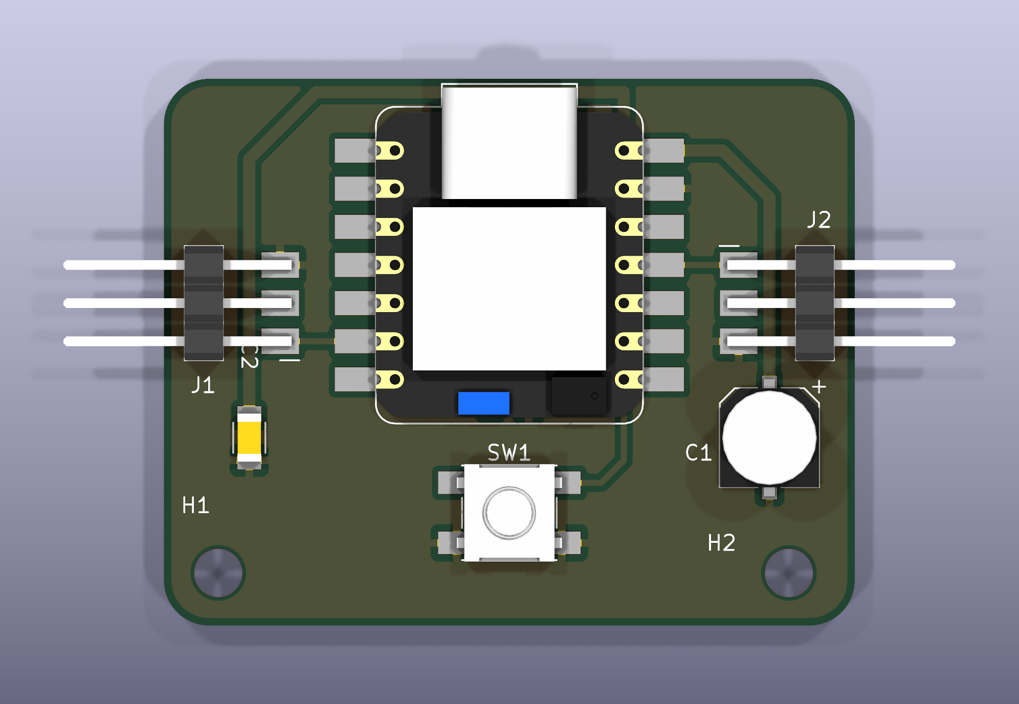 KiCad 3D render of version 2 seen from above: the XIAO in the middle, a three-pin servo header on each side, the capacitor C1 at the right, the button SW1 at the bottom and two mounting holes