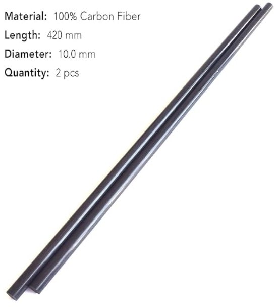 Two black carbon fiber rods, 420 mm long and 10 mm in diameter, from a product listing